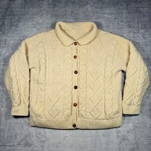 Vintage Cable Knit Sweater Mens XL Cream Wool Fisherman Cardigan Hand Knit
